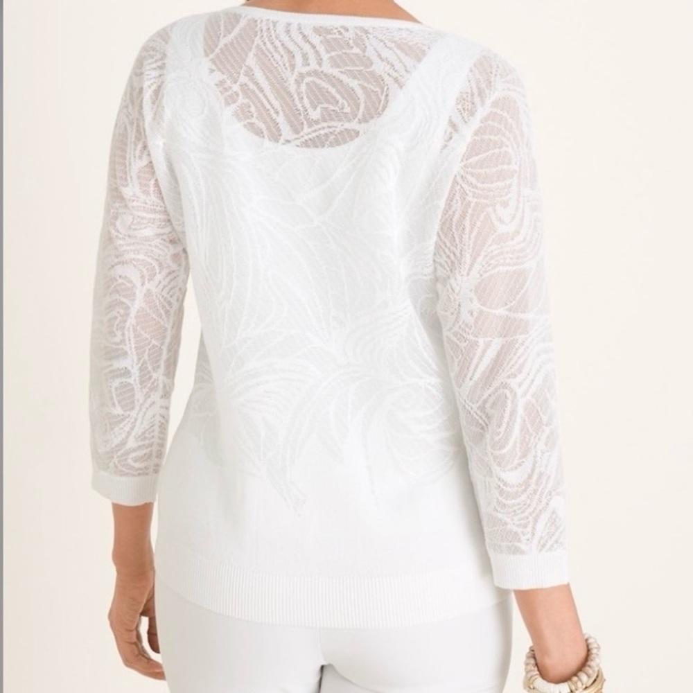 Chico’s Lightweight Jacquard White Sweater Size 1 Medium Lace Beach - Picture 2 of 9